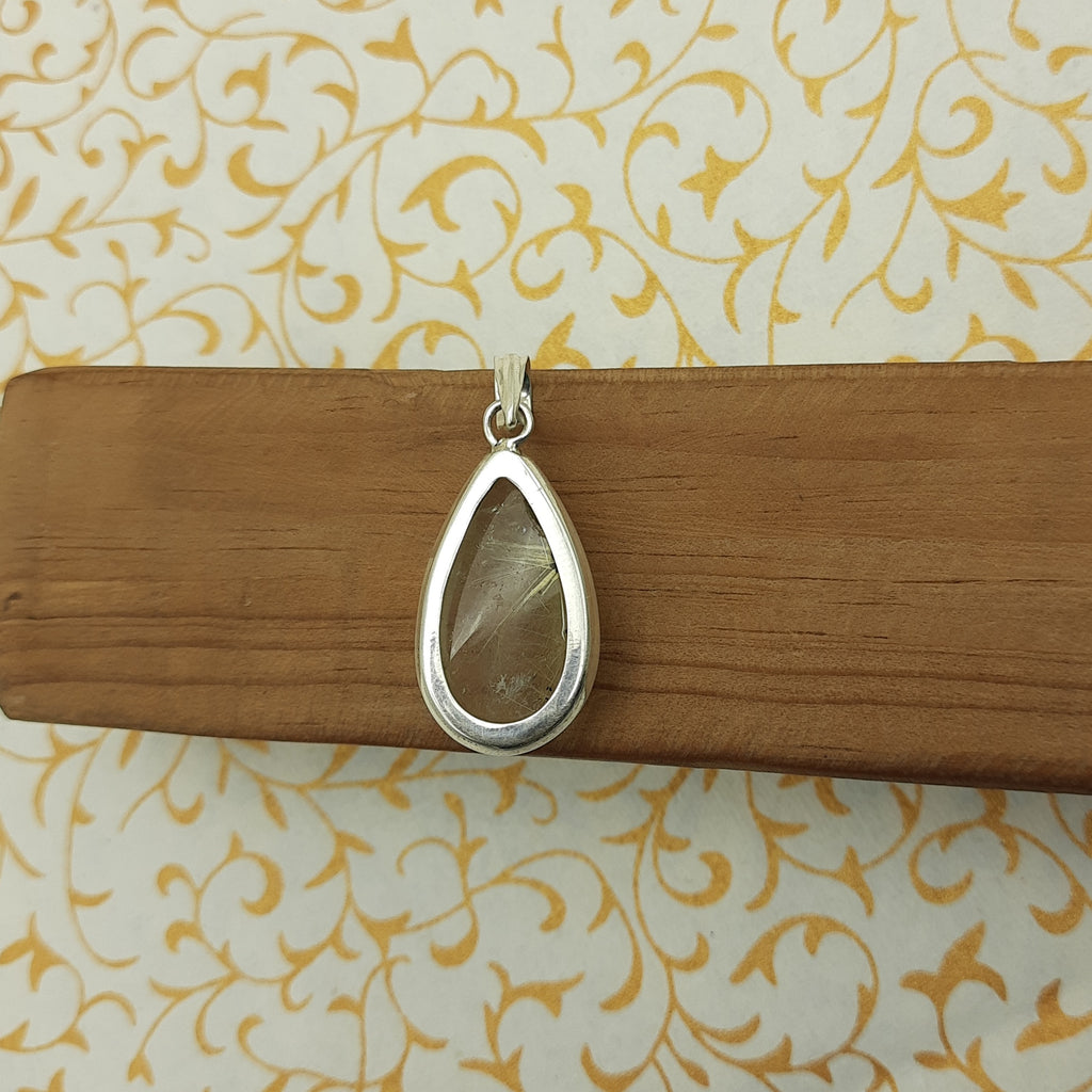 Rutilated Quartz Pendant in 925 Sterling Silver – Natural Golden Rutile Gemstone Statement Jewelry