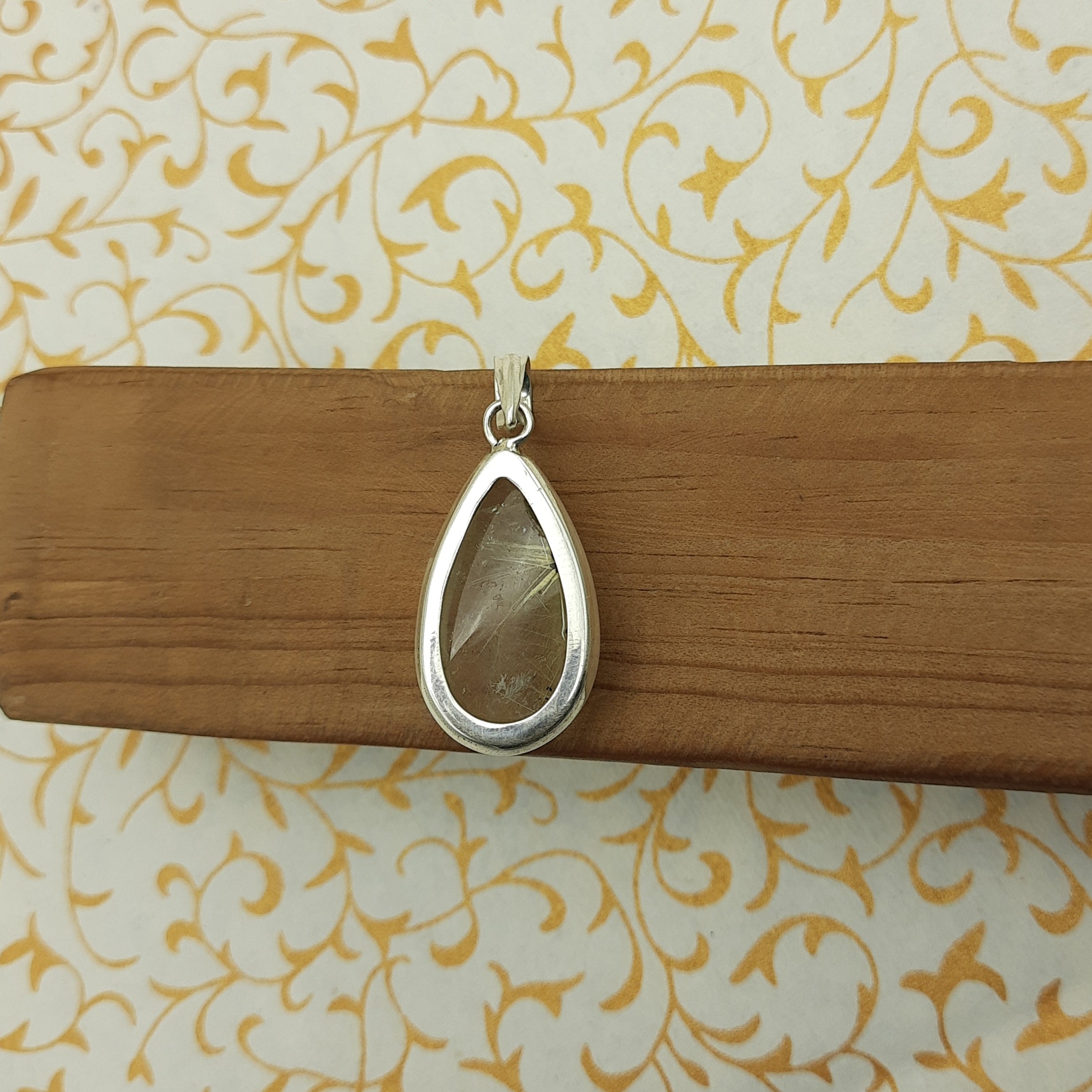 Rutilated Quartz Pendant in 925 Sterling Silver – Natural Golden Rutile Gemstone Statement Jewelry