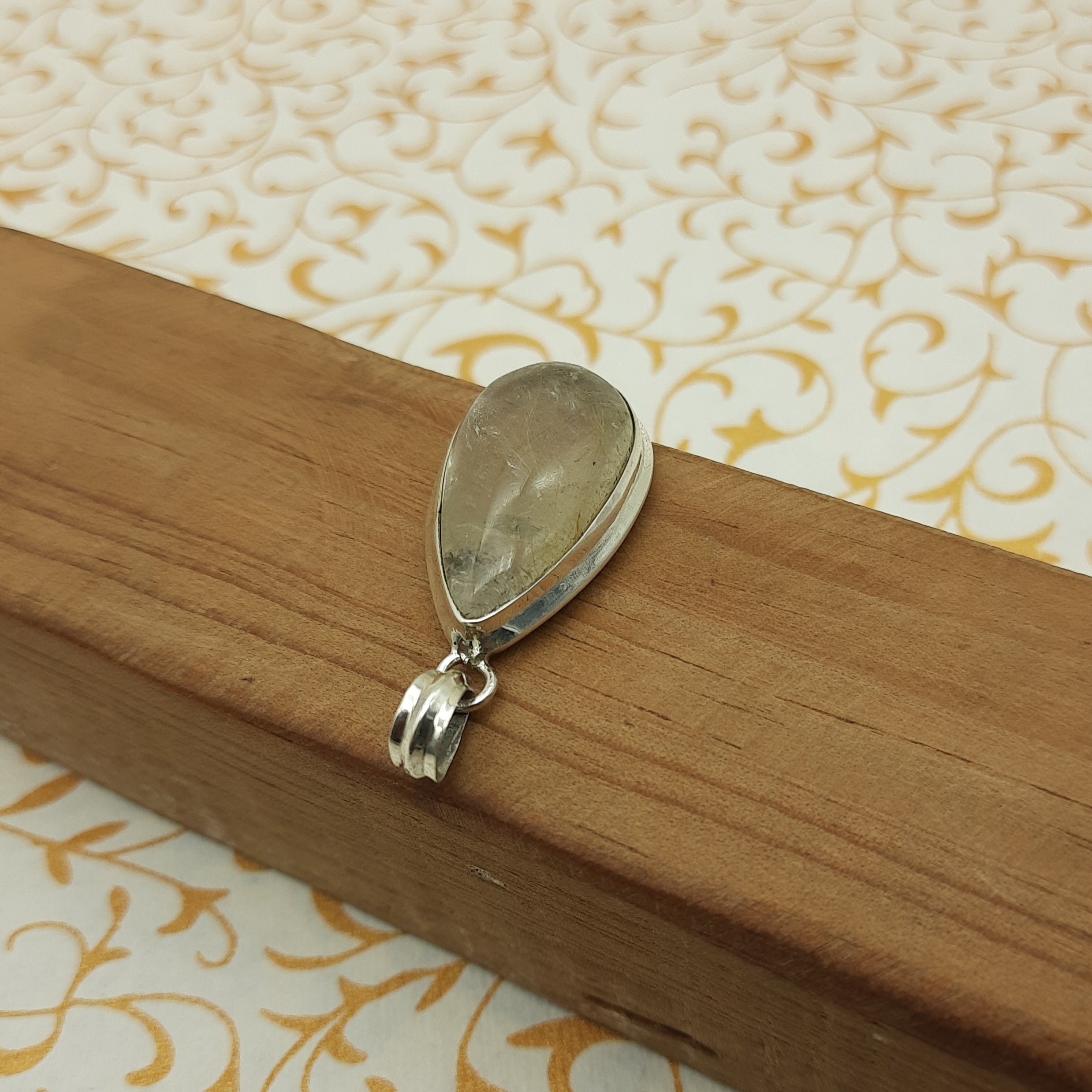 Rutilated Quartz Pendant in 925 Sterling Silver – Natural Golden Rutile Gemstone Statement Jewelry