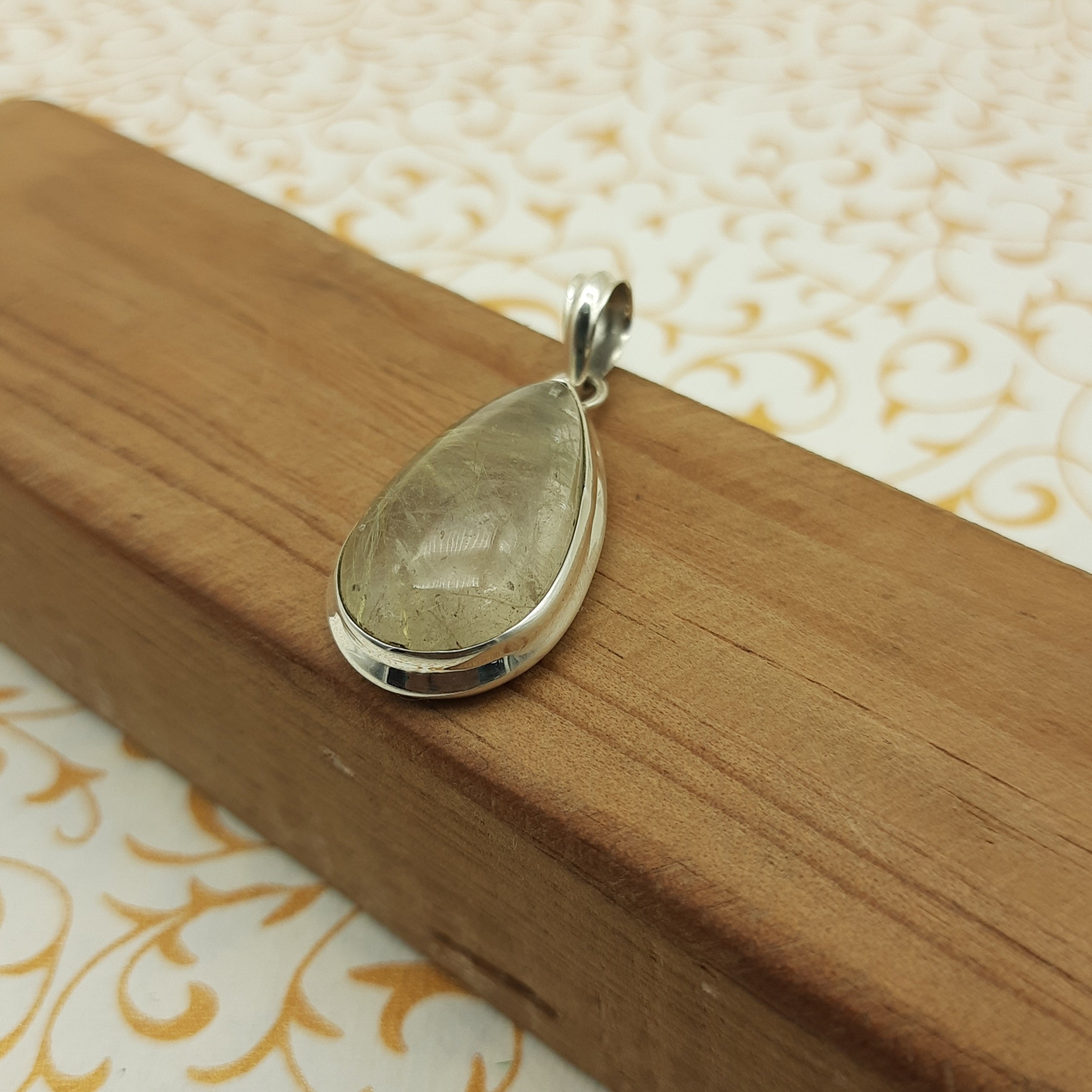 Rutilated Quartz Pendant in 925 Sterling Silver – Natural Golden Rutile Gemstone Statement Jewelry