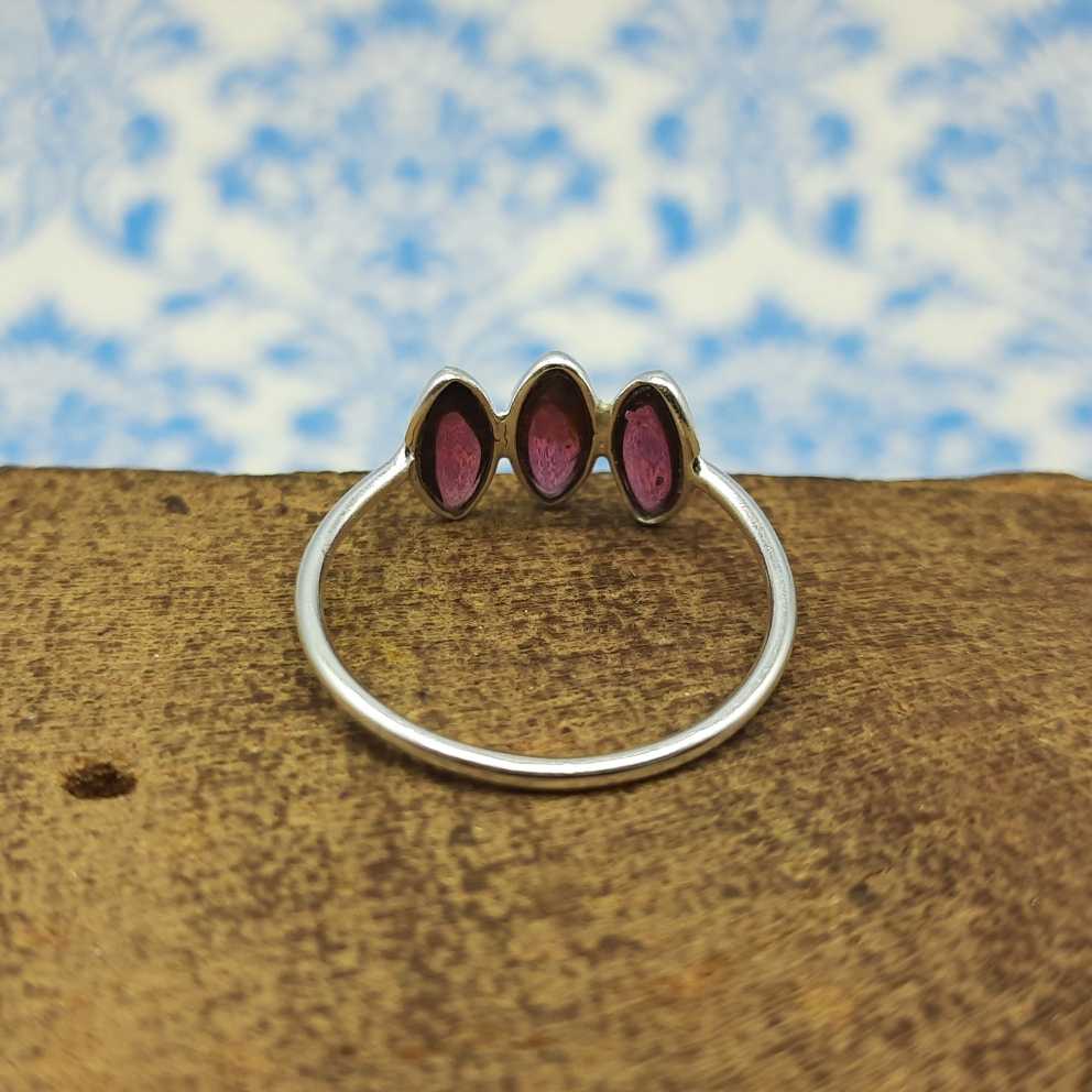 Minimal Triple Stone Garnet Marquise 925 Silver Ring Gift