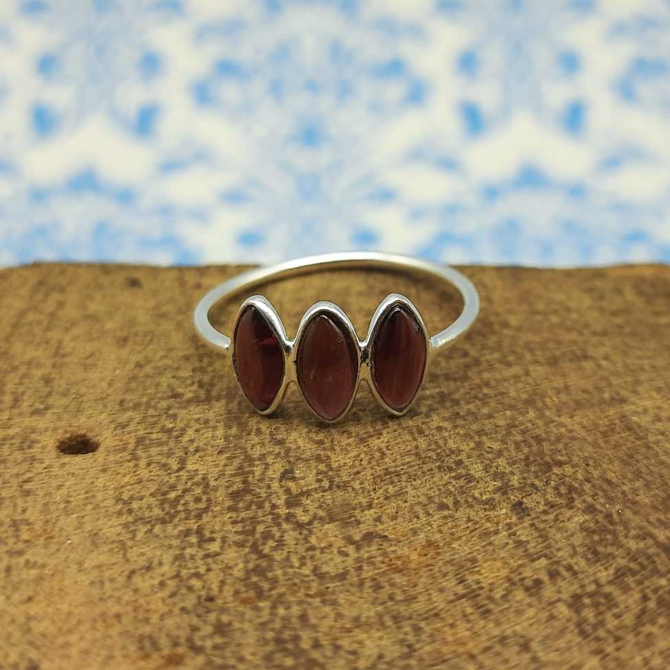 Minimal Triple Stone Garnet Marquise 925 Silver Ring Gift