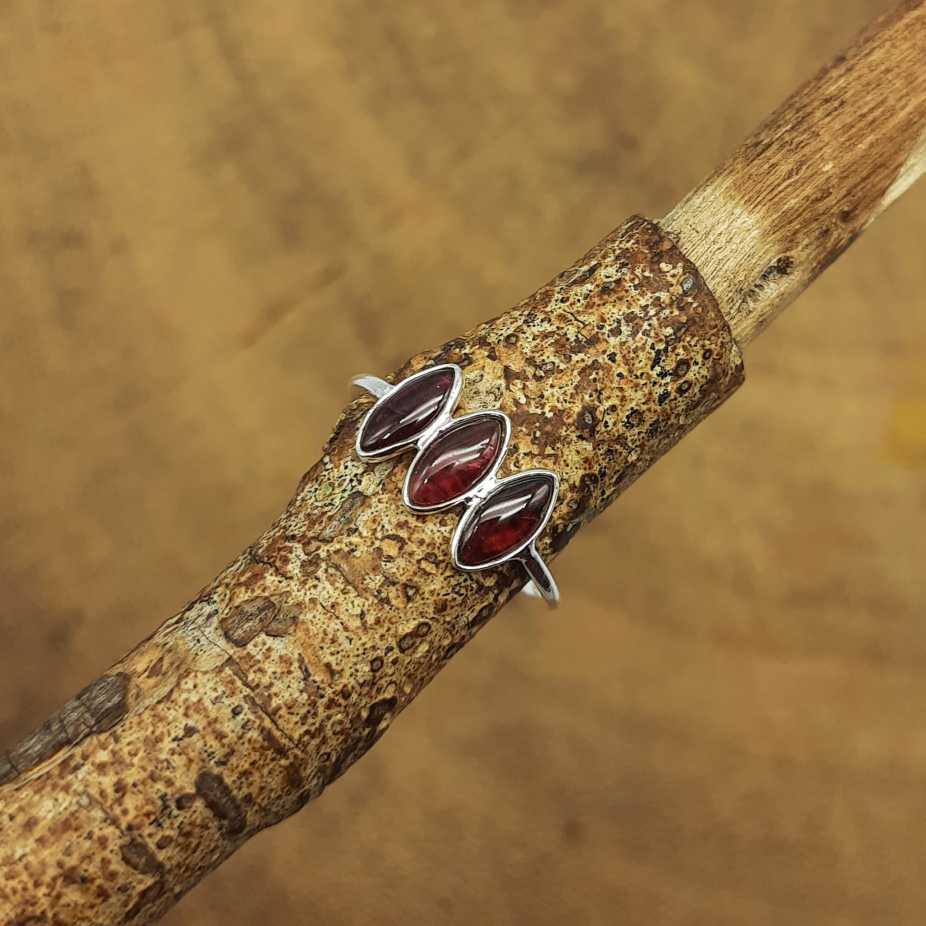 Minimal Triple Stone Garnet Marquise 925 Silver Ring Gift