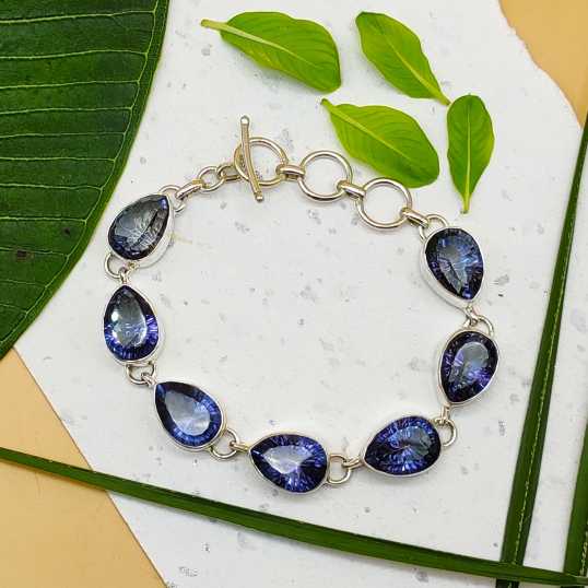 925 Sterling Silver Handmade Blue Mystic Topaz Bracelet Classic Drop Shape Jewelry