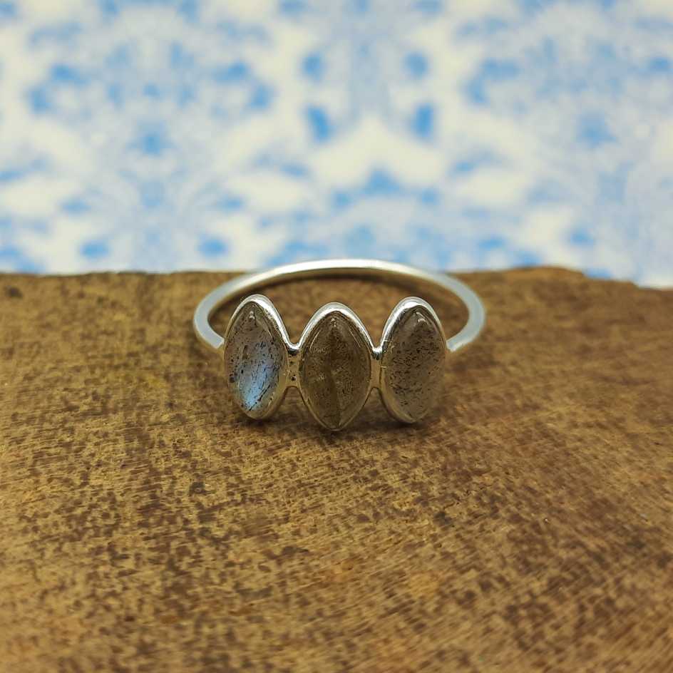 Minimal Triple Stone Labradorite Marquise 925 Silver Ring For Her