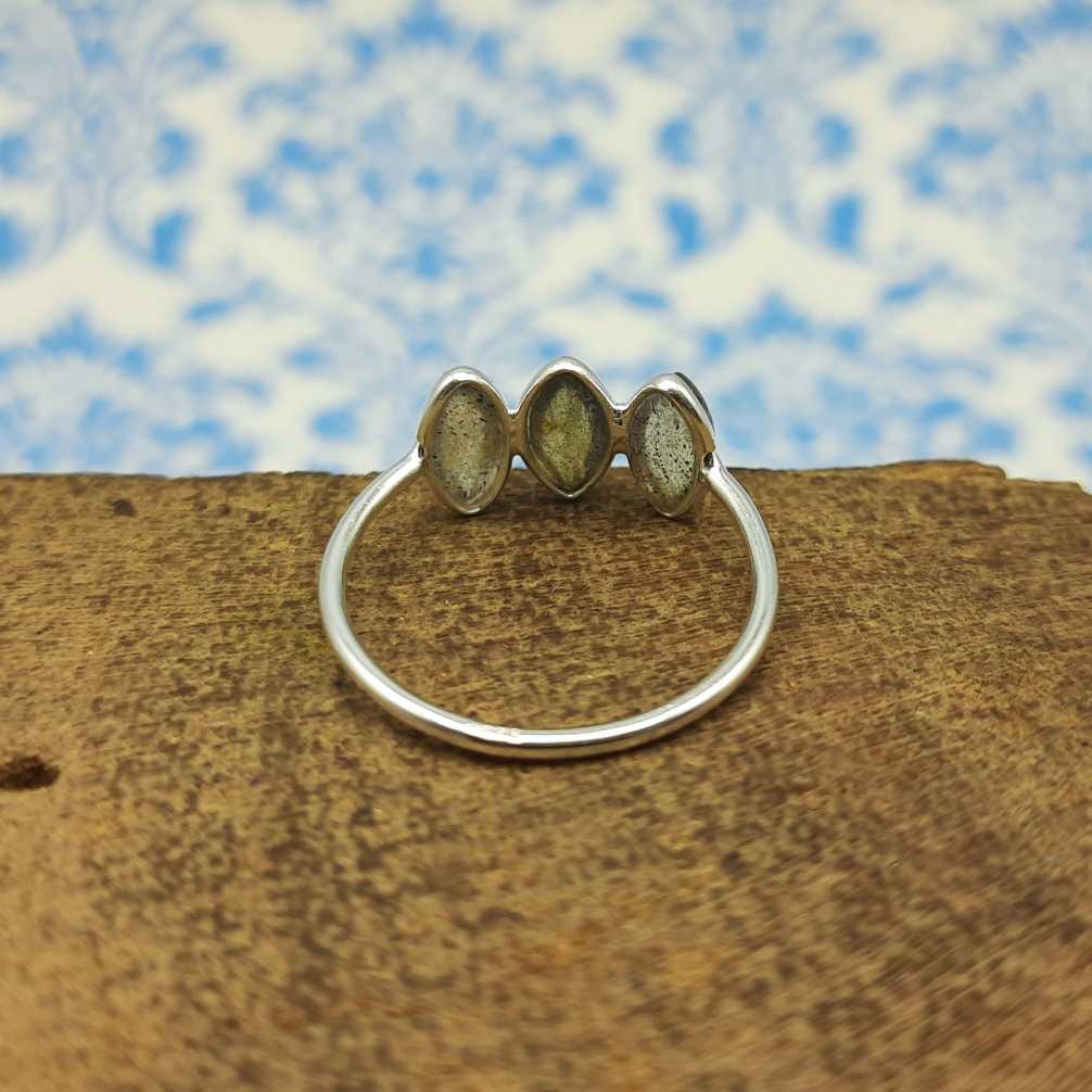 Minimal Triple Stone Labradorite Marquise 925 Silver Ring For Her