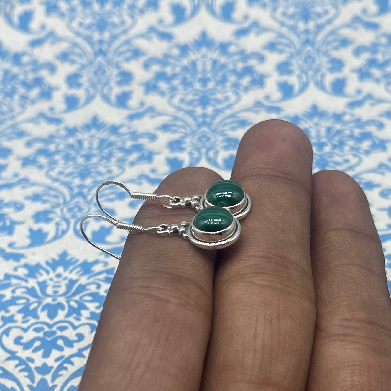 925 Sterling Silver Malachite Round Earrings – Dainty Green Gemstone