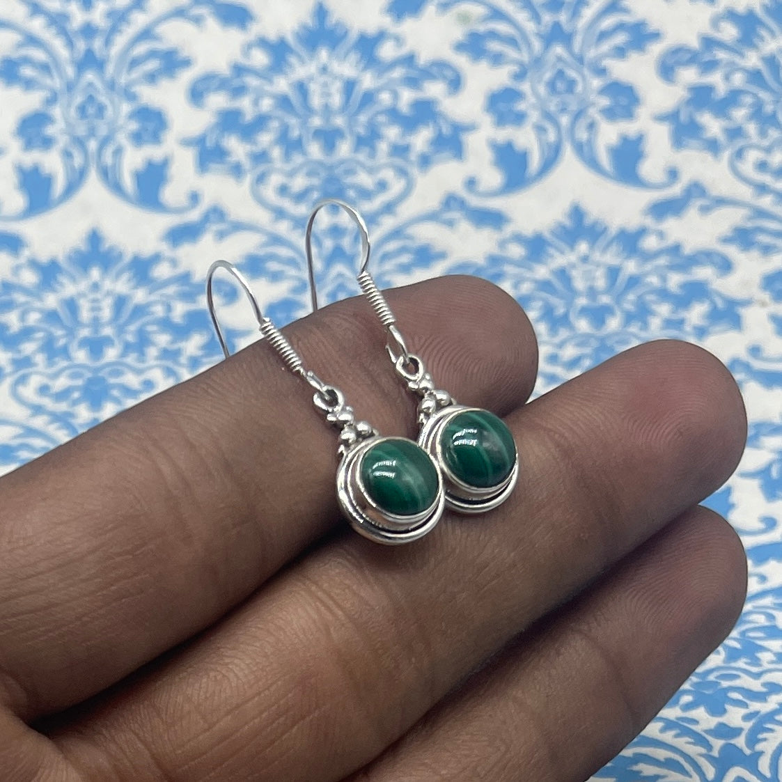 925 Sterling Silver Malachite Round Earrings – Dainty Green Gemstone
