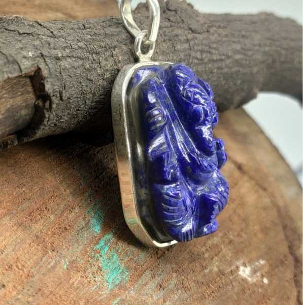 Lapis Lazuli Ganesh Carving 925 Silver Special Pendant