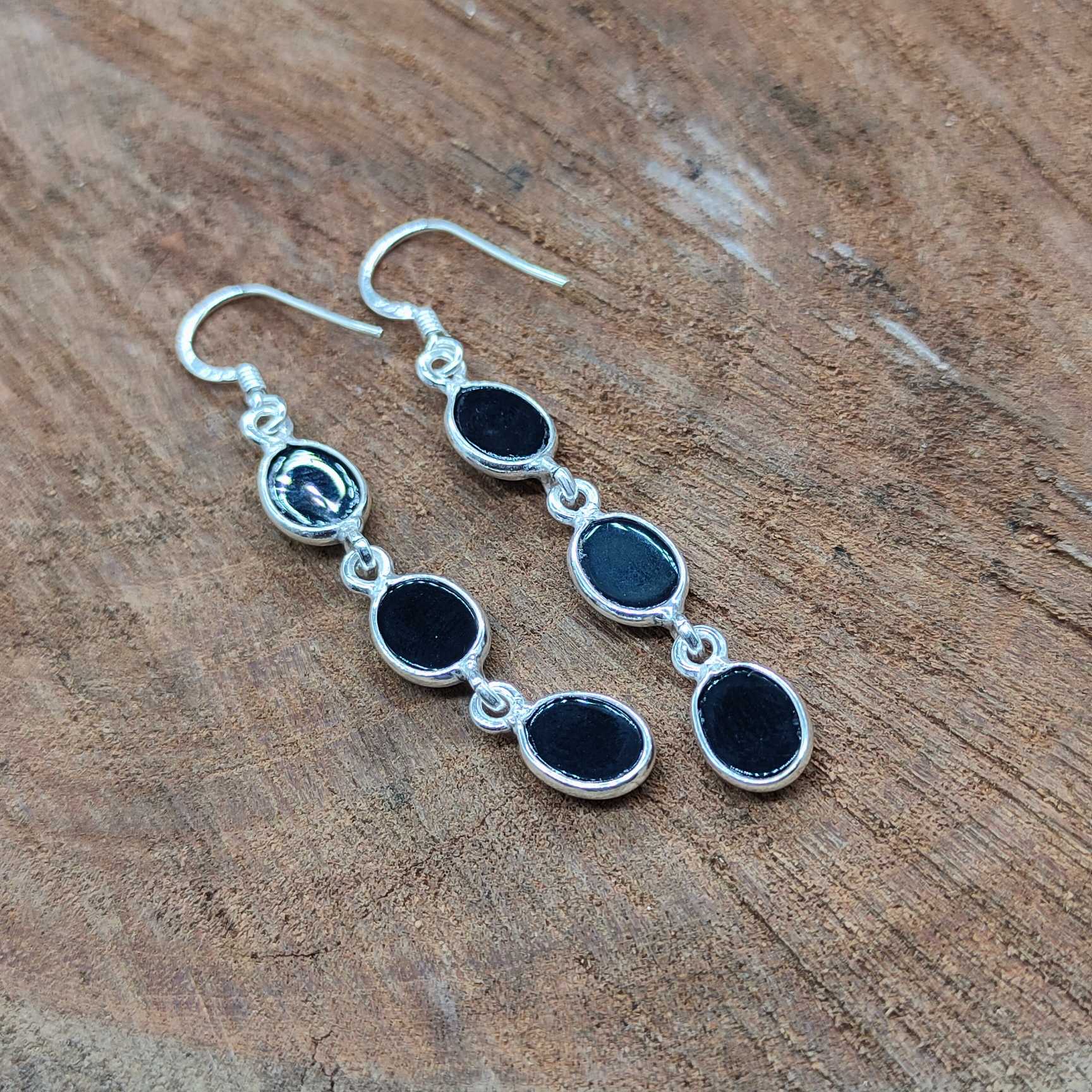 Natural Black Onyx Dangle Earrings in Solid Silver