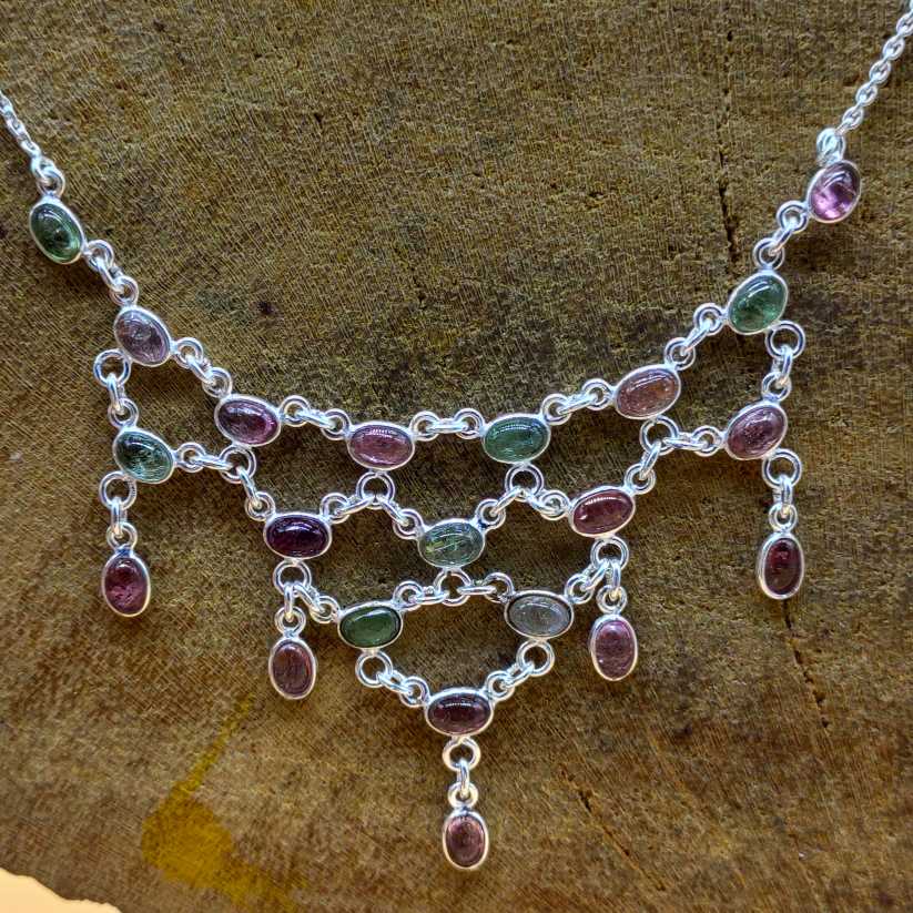 Tourmaline Cluster 925 Silver Necklace Bezel Artisan Handmade
