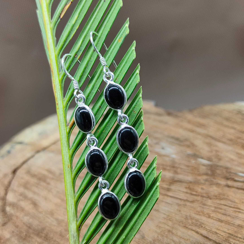Natural Black Onyx Dangle Earrings in Solid Silver