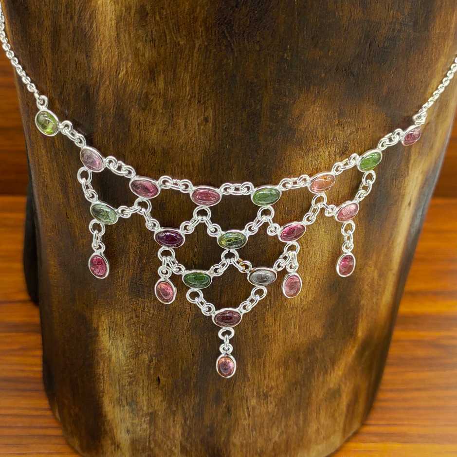 Tourmaline Cluster 925 Silver Necklace Bezel Artisan Handmade