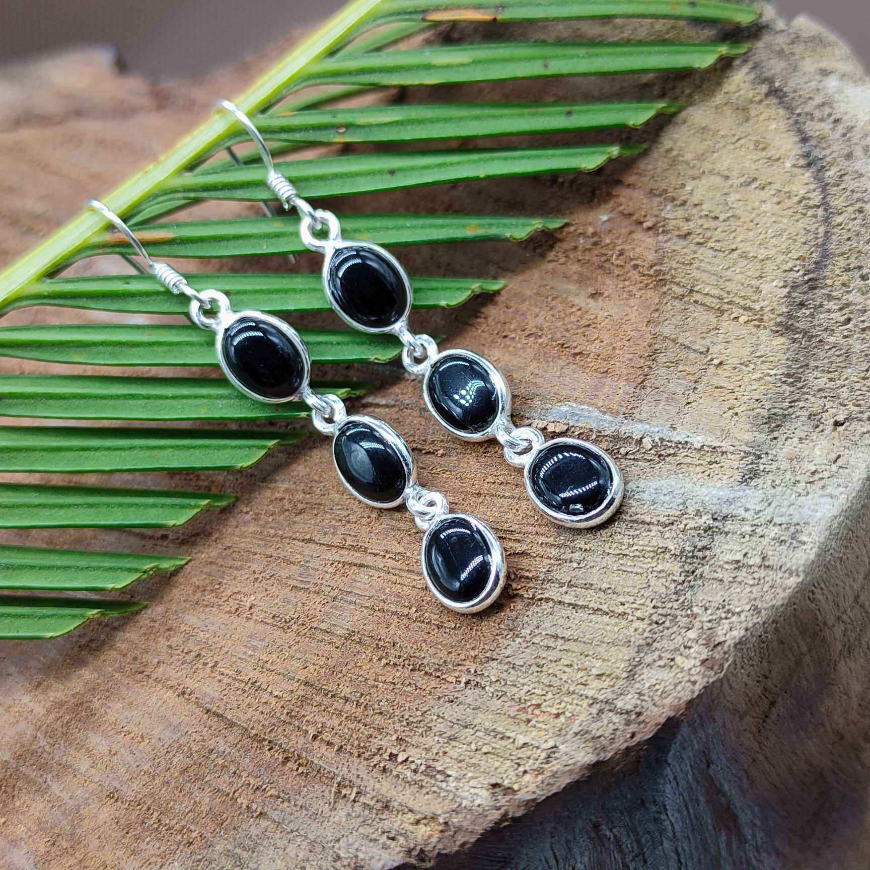 Natural Black Onyx Dangle Earrings in Solid Silver