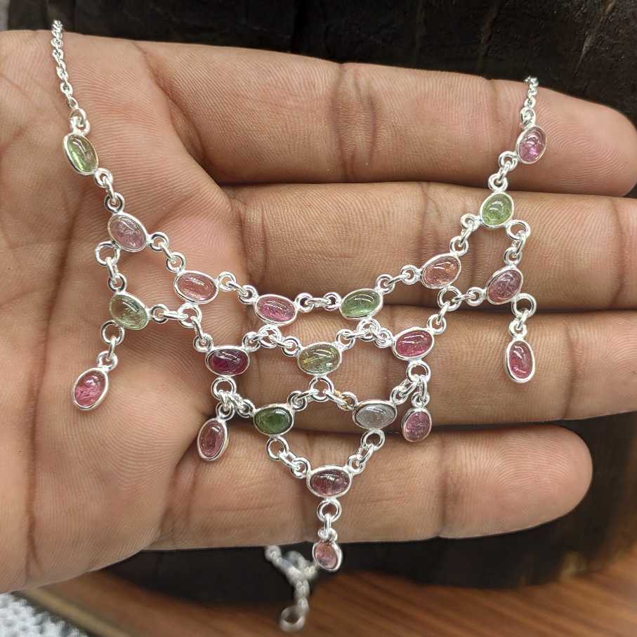 Tourmaline Cluster 925 Silver Necklace Bezel Artisan Handmade