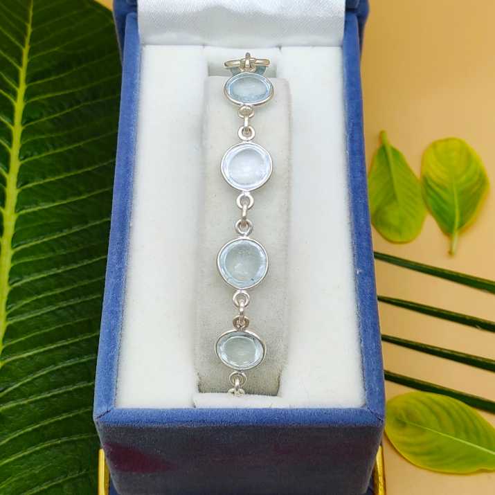 Handmade 925 Sterling Silver Aquamarine Bracelet Round Shape Gemstone Jewelry