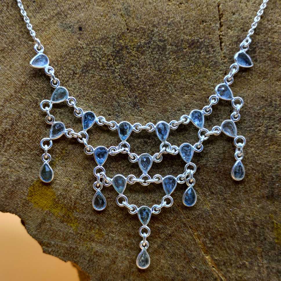 Faceted Aquamarine Cluster 925 Silver Necklace Artisan