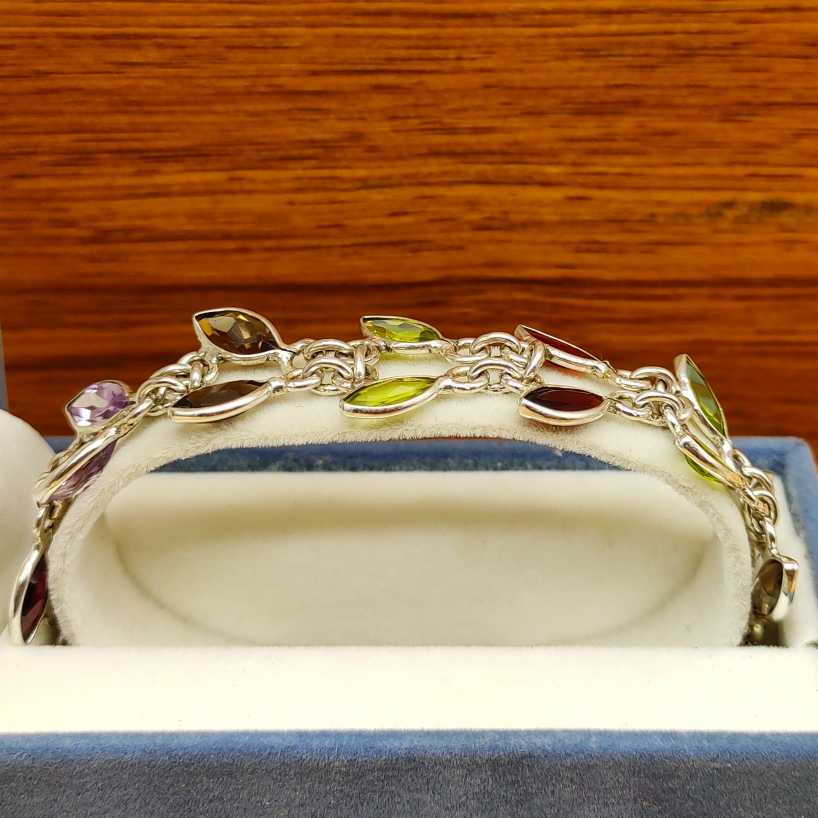Handmade 925 Sterling Silver Peridot ,Garnet, Smokey Quartz Bracelet Marquise Shape Gemstone Jewelry
