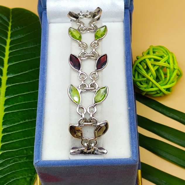 Handmade 925 Sterling Silver Peridot ,Garnet, Smokey Quartz Bracelet Marquise Shape Gemstone Jewelry