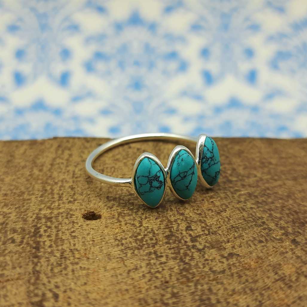 Bezel 925 Silver Turquoise Triple Stone Handcrafted Ring