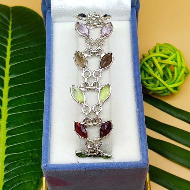 Handmade 925 Sterling Silver Peridot ,Garnet, Smokey Quartz Bracelet Marquise Shape Gemstone Jewelry