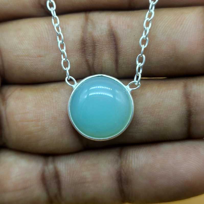 Blue Chalcedony 925 Silver Bezel Chain Necklace Handmade