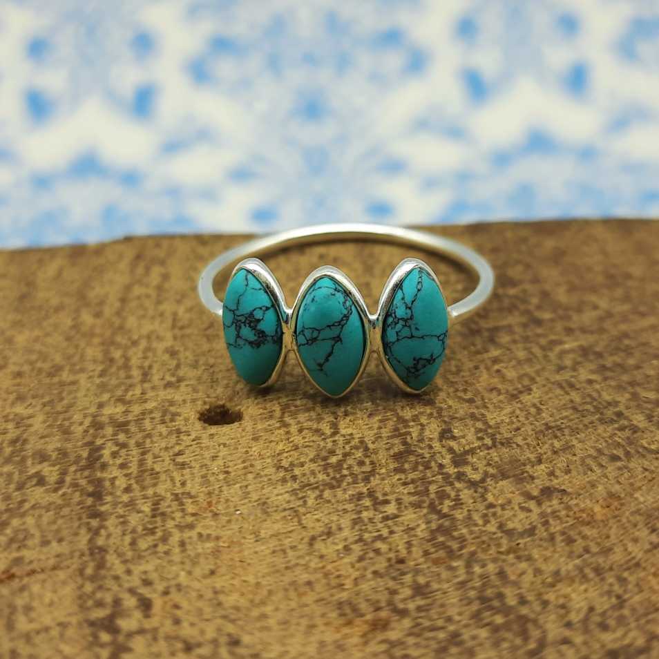 Bezel 925 Silver Turquoise Triple Stone Handcrafted Ring