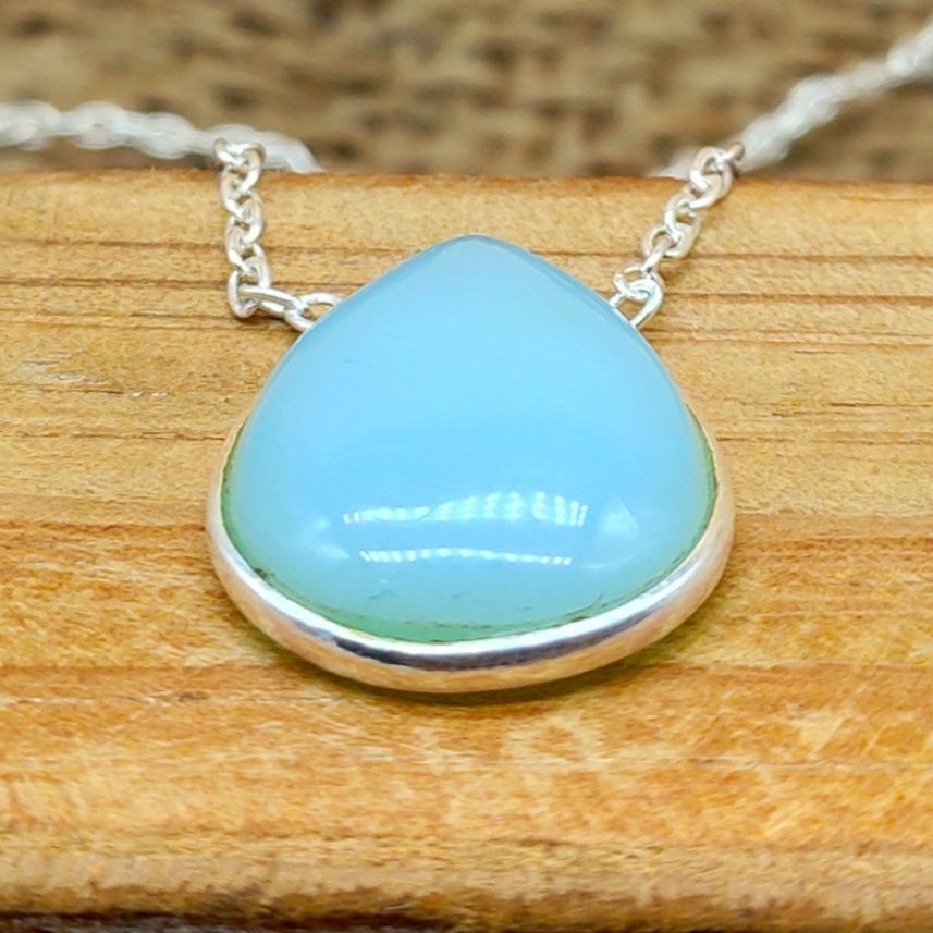 Aqua Chalcedony 925 Silver Bezel Chain Necklace Handmade