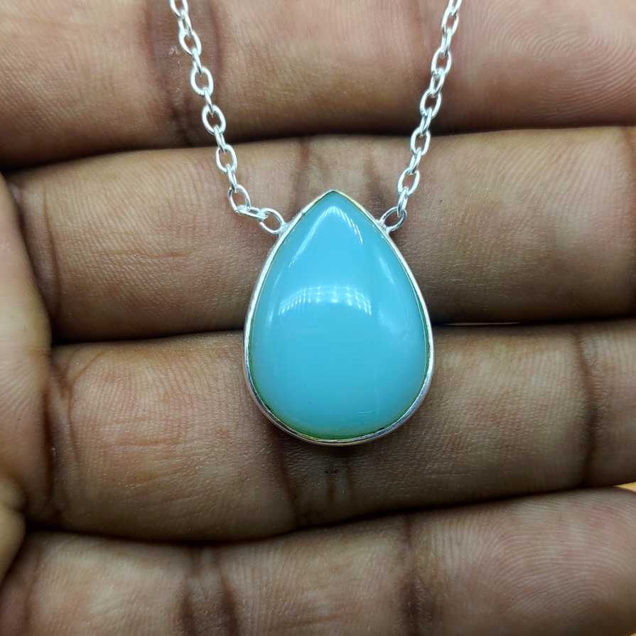 Aqua Chalcedony 925 Silver Bezel Chain Necklace Handmade