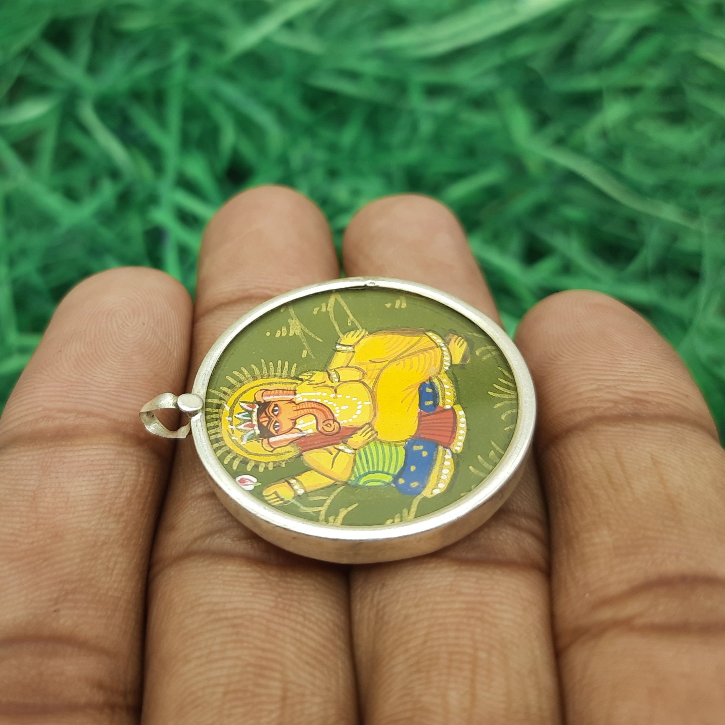 Lord Ganesha Hand-Painted Pendant in 925 Sterling Silver – Sacred Devotional Pendant