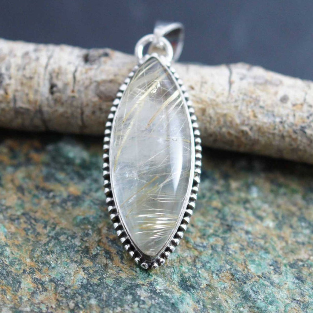 Rutilated Quartz 925 Silver Pendant Designer Boho Artisan Rava Style