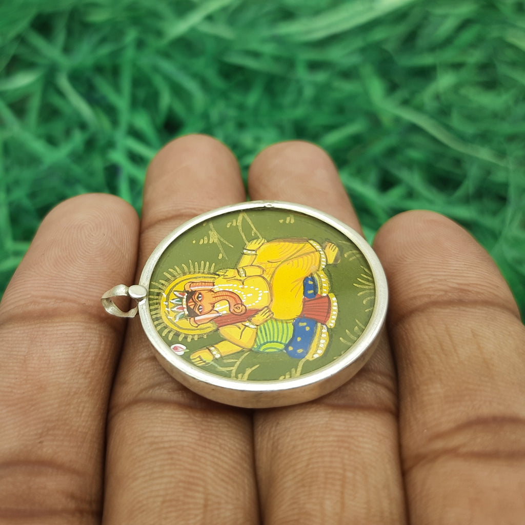 Lord Ganesha Hand-Painted Pendant in 925 Sterling Silver – Sacred Devotional Pendant