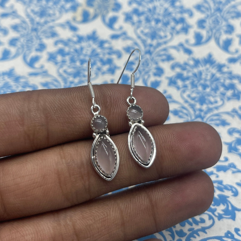 Handcrafted Rose Quartz Earrings – 925 Sterling Silver Marquise Design