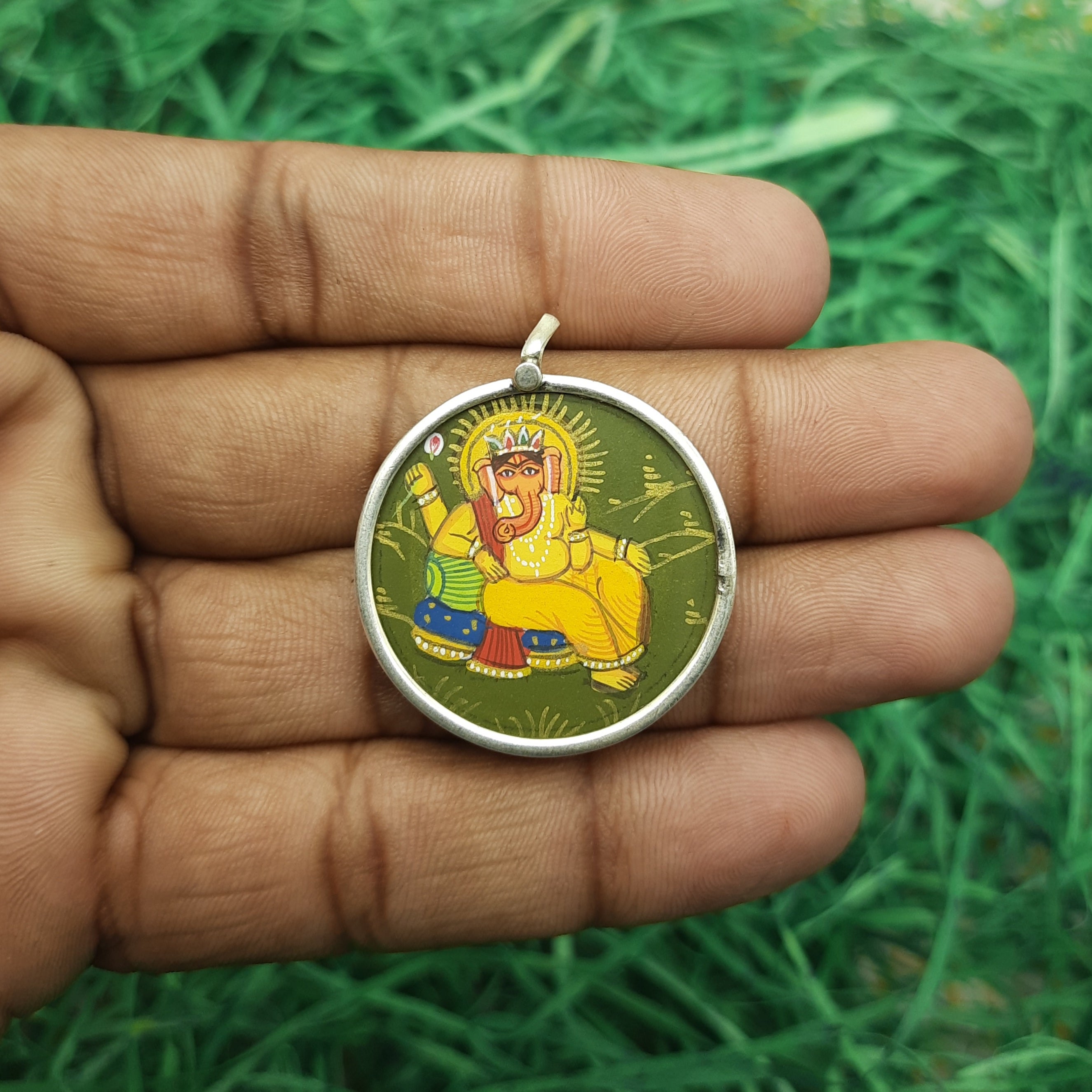 Lord Ganesha Hand-Painted Pendant in 925 Sterling Silver – Sacred Devotional Pendant