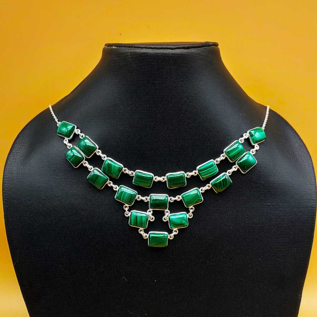 Malachite Rectangle 925 Silver Bezel Long Necklace Classic