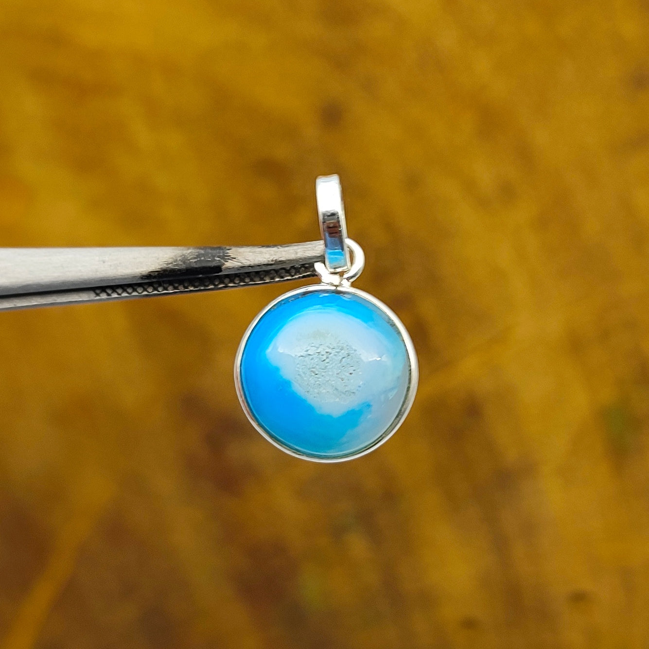 Sky Blue Druzy Oval 925 Silver Bezel Pendant Nepali
