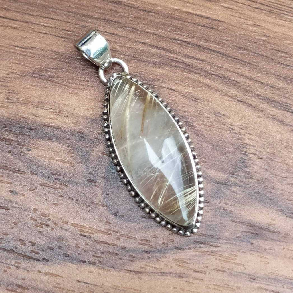 Rutilated Quartz 925 Silver Pendant Designer Boho Artisan Rava Style