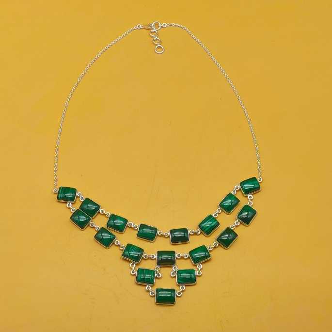 Malachite Rectangle 925 Silver Bezel Long Necklace Classic