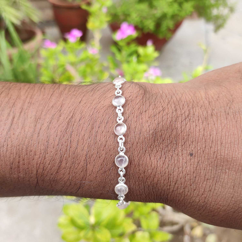 Fine Rose Quartz Oval Gemstone Bezel Bracelet
