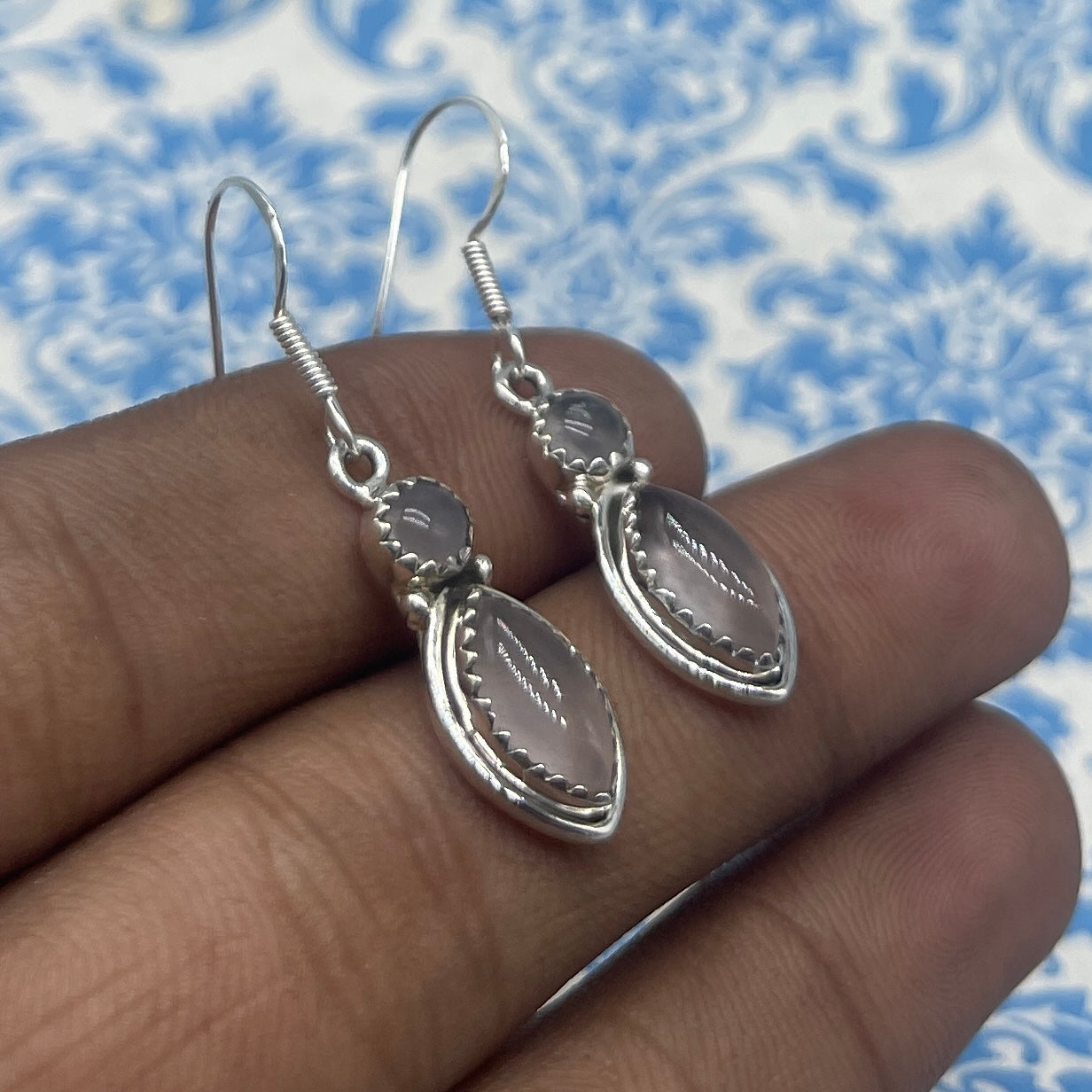 Handcrafted Rose Quartz Earrings – 925 Sterling Silver Marquise Design