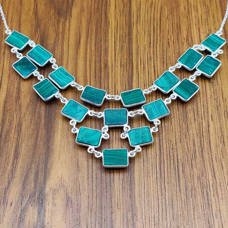 Malachite Rectangle 925 Silver Bezel Long Necklace Classic