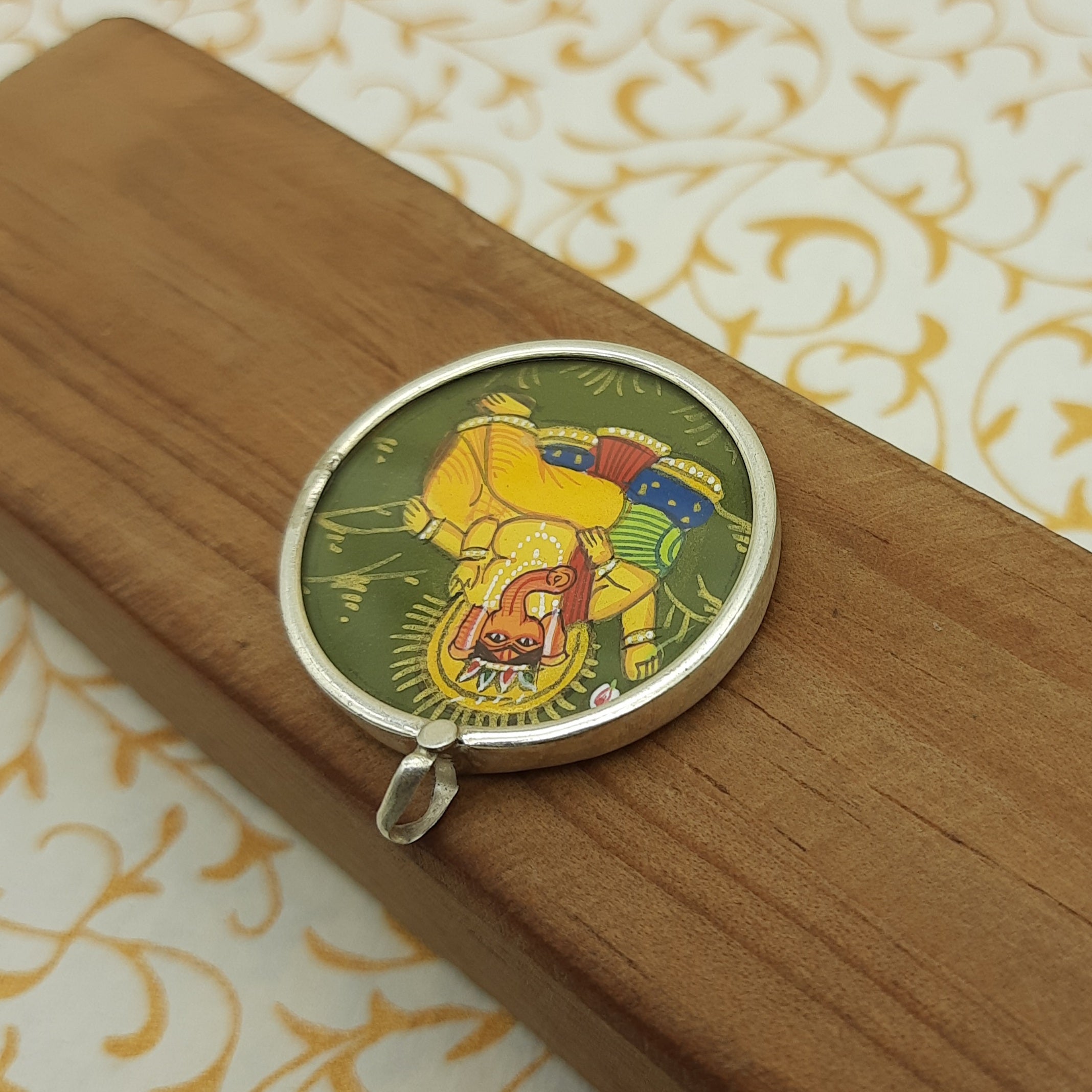 Lord Ganesha Hand-Painted Pendant in 925 Sterling Silver – Sacred Devotional Pendant