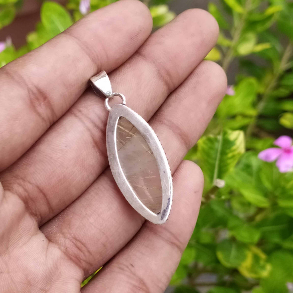 Rutilated Quartz 925 Silver Pendant Designer Boho Artisan Rava Style