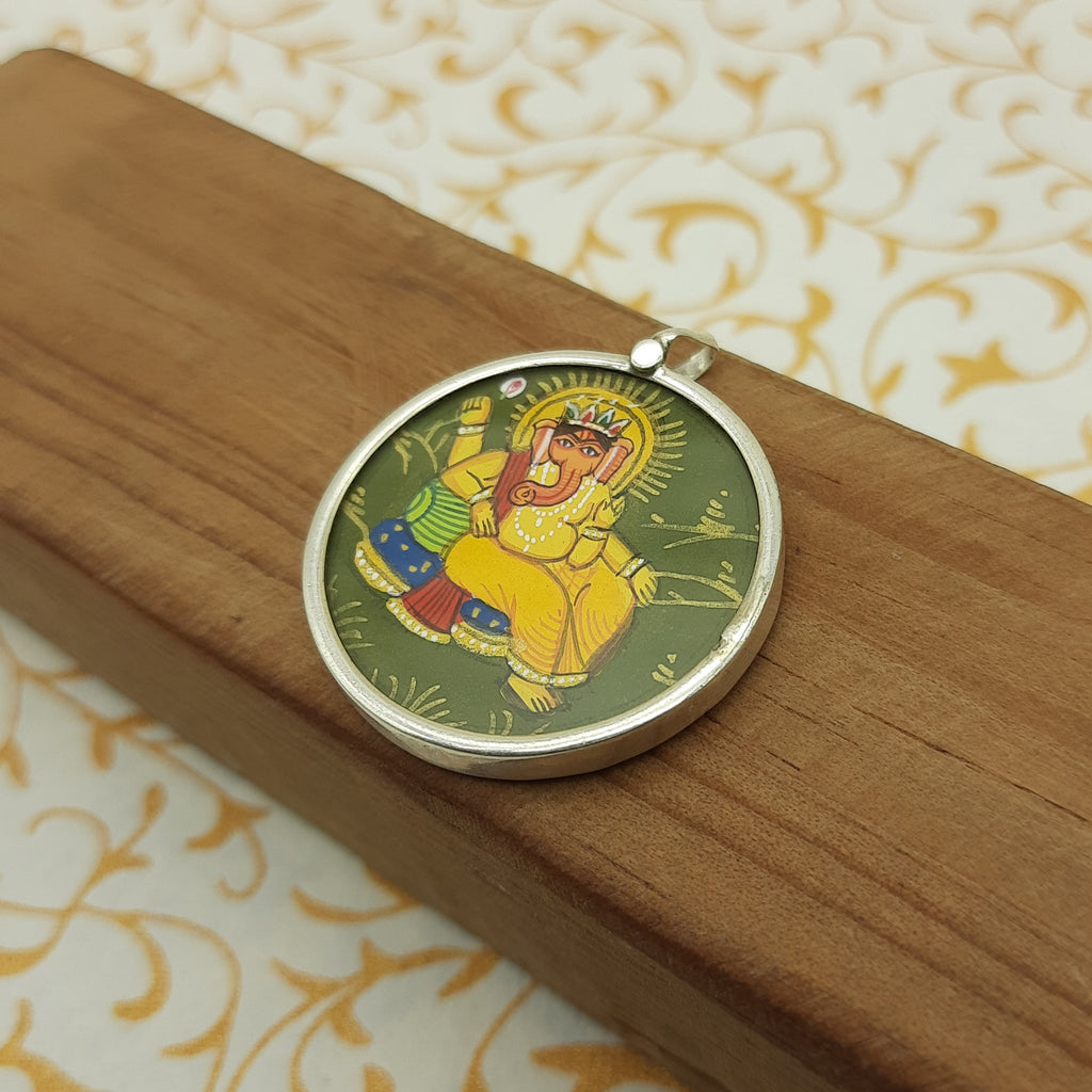 Lord Ganesha Hand-Painted Pendant in 925 Sterling Silver – Sacred Devotional Pendant