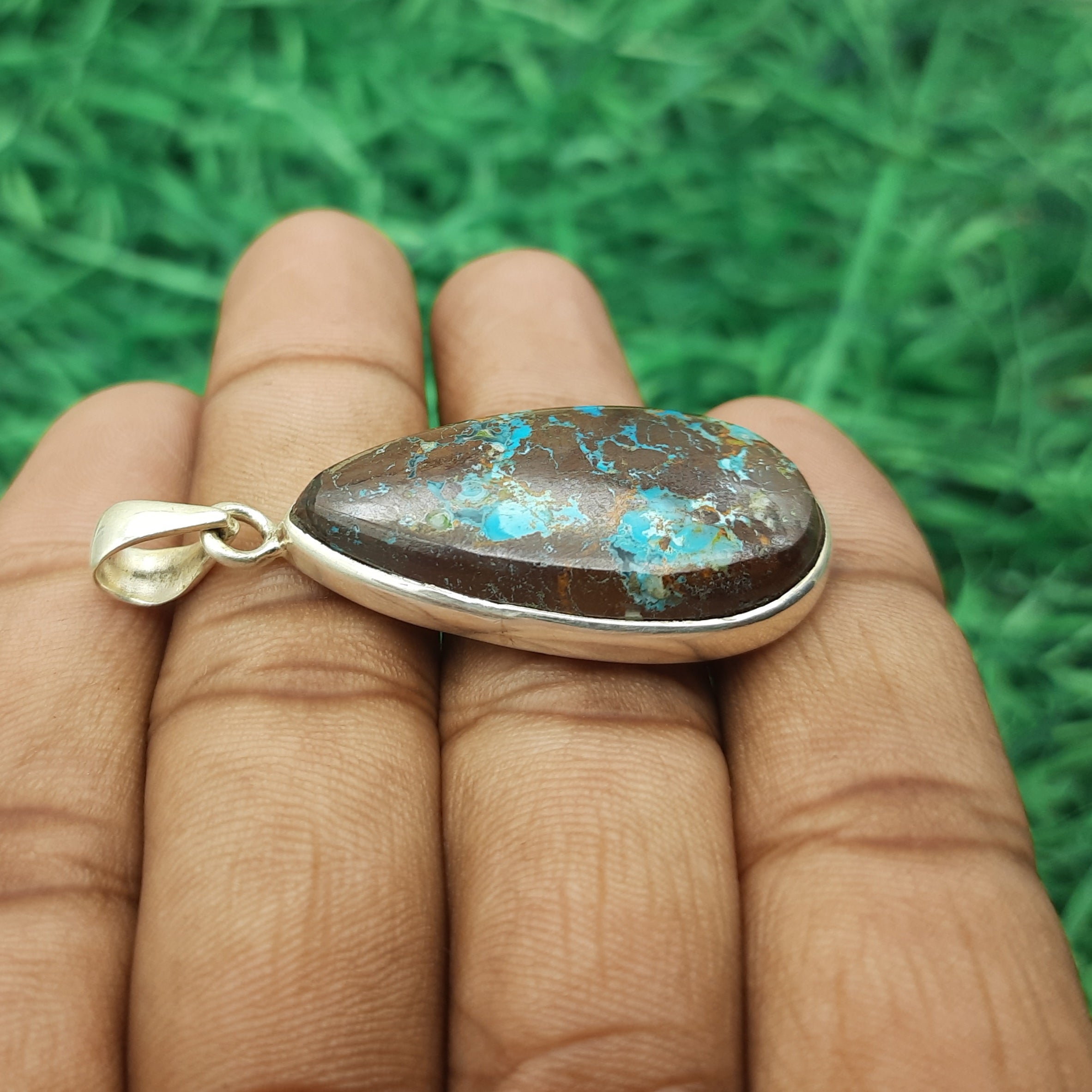 Chrysocolla Gemstone Pendant – Unique 925 Sterling Silver Boho Jewelry