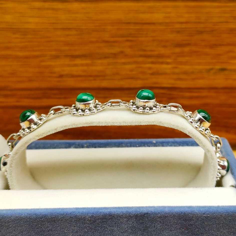 Natural Malachite Round Shape Bracelet Handmade 925 Sterling Silver Jewelry