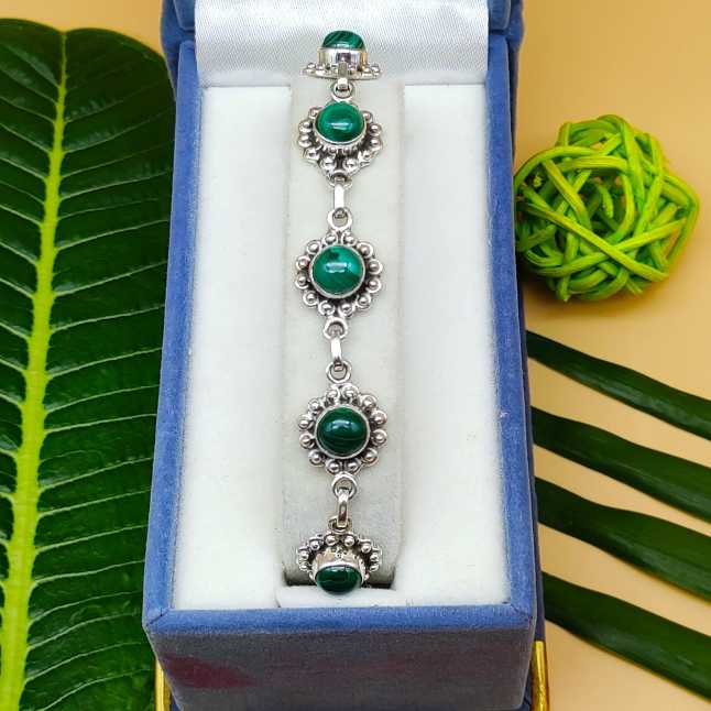 Natural Malachite Round Shape Bracelet Handmade 925 Sterling Silver Jewelry