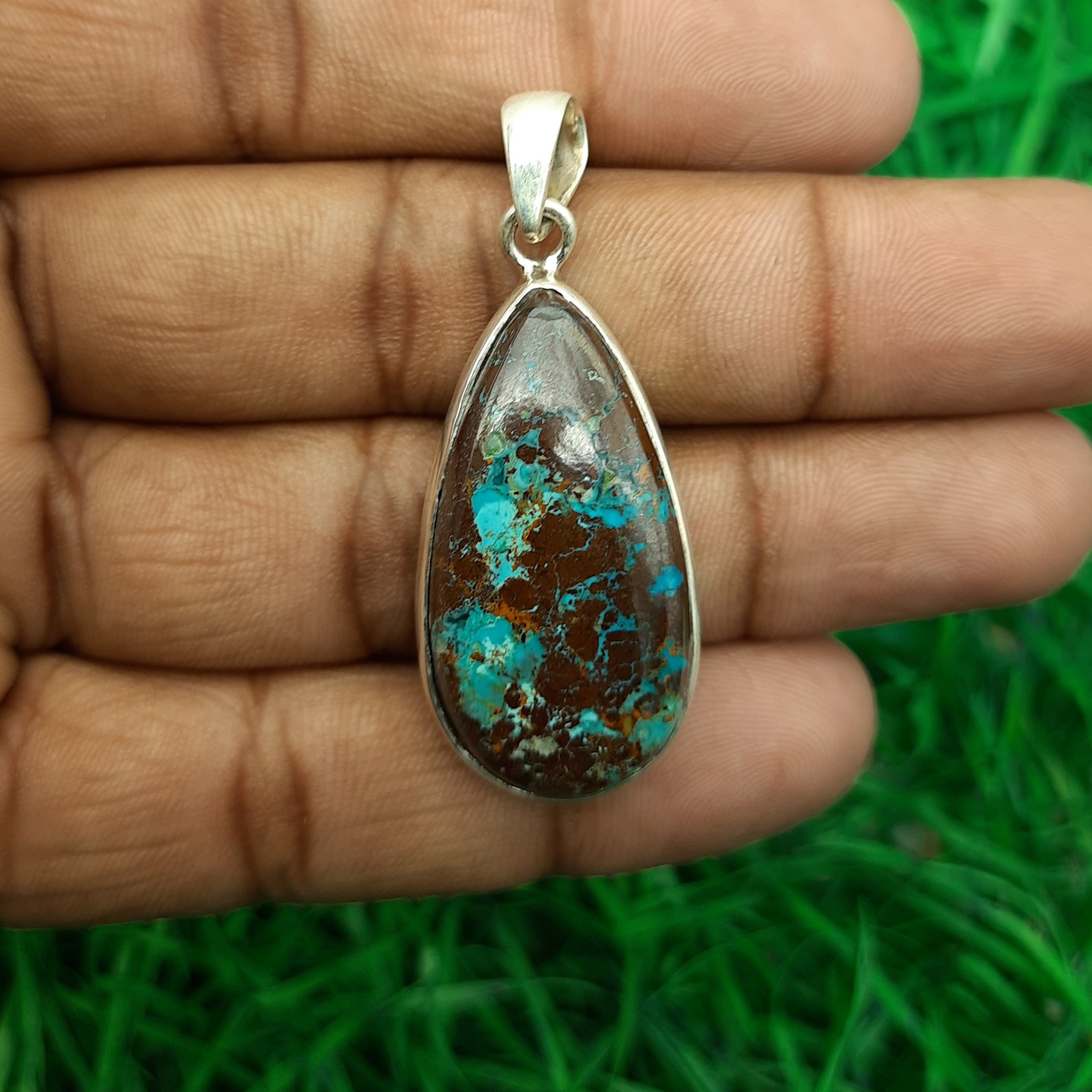 Chrysocolla Gemstone Pendant – Unique 925 Sterling Silver Boho Jewelry