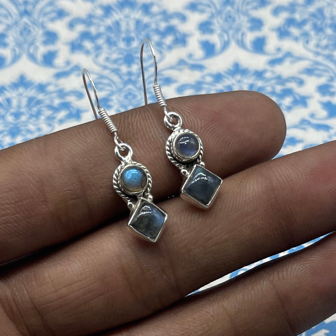 Natural Labradorite Dangle Earrings with Handmade Silver Work
