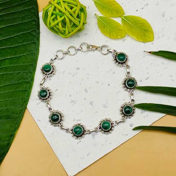 Natural Malachite Round Shape Bracelet Handmade 925 Sterling Silver Jewelry